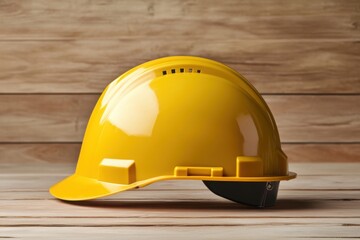 Yellow hard hat on wooden background