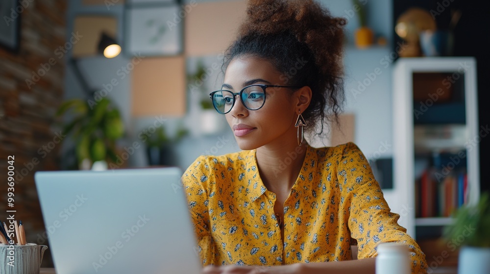 Wall mural A woman in stylish glasses works intently on a laptop in a cozy, well-decorated space with plants and modern decor.