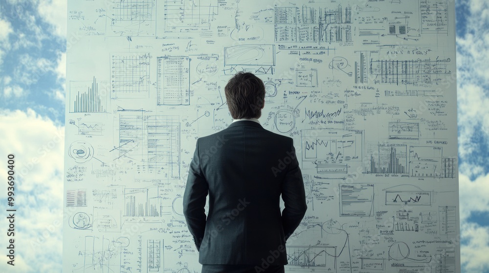 Aufkleber a man in a suit analyzes complex data visualizations on a wall.