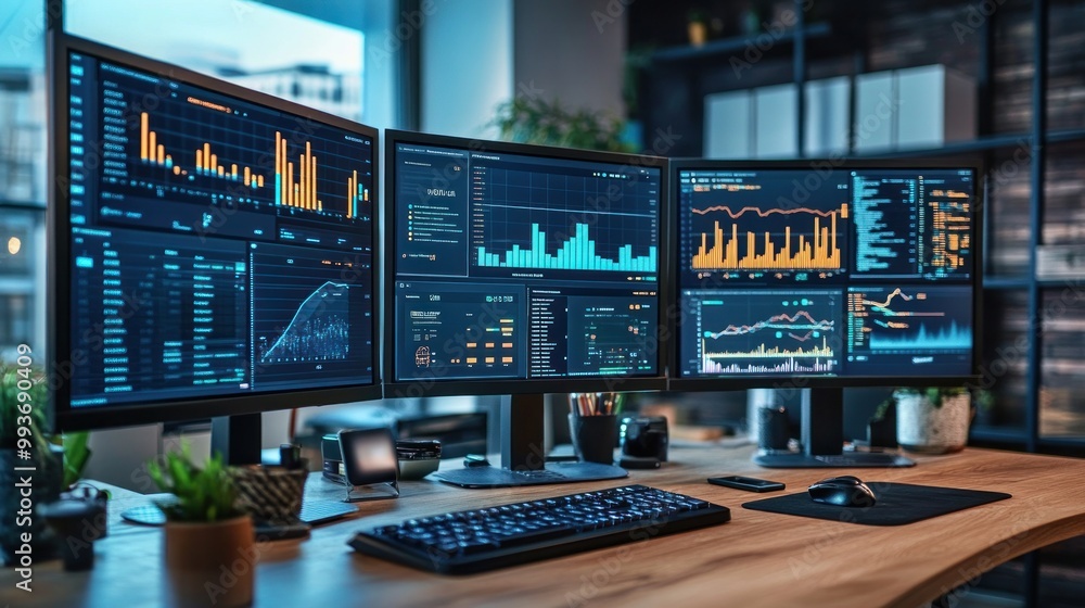 Poster a modern workspace featuring multiple monitors displaying data analytics and graphs.