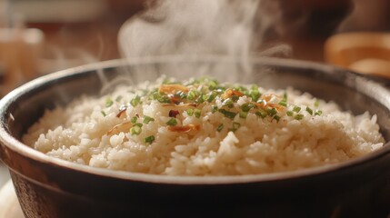 A close-up of a steaming bowl of freshly cooked with wisps of steam rising and grains perfectly fluffy, highlighting its inviting texture.