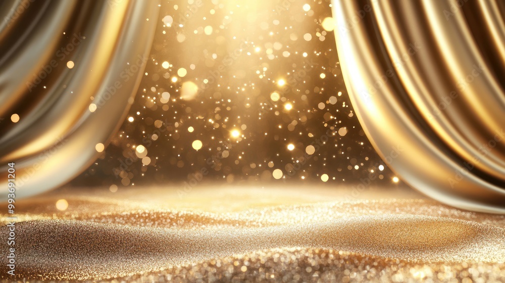 Poster a shimmering golden backdrop with curtains and sparkling particles, evoking a festive atmosphere.