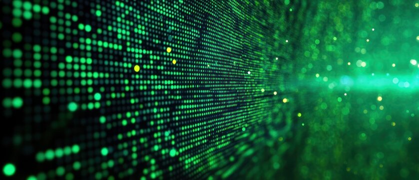 Abstract digital background featuring green data points and light effects.