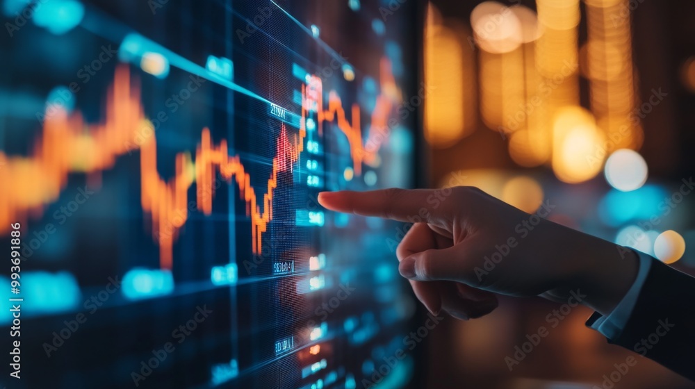 Poster a close-up of a stock market screen displaying fluctuating graphs, with a person hand pointing at a 
