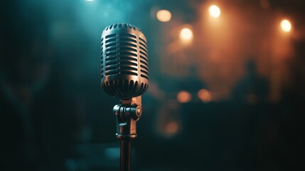 A close-up of a vintage microphone on a stand, glowing under the spotlight on a dark stage, ready for a live performance, with a blurred audience in the background.