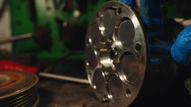 Piston stroke in a car air conditioning compressor during repairs in a service workshop