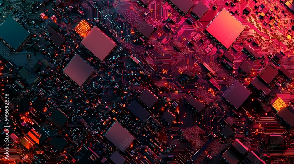 Poster a close-up of a circuit board with glowing red and orange lights, highlighting the intricate pathway