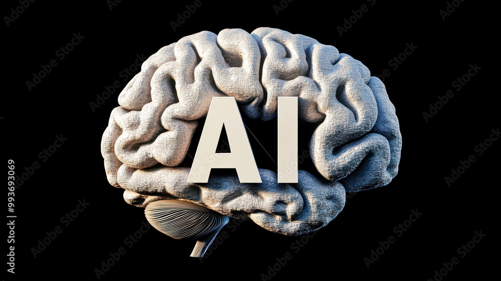 Poster Artificial intelligence. digital brain with letters AI on black background. Robotics concept. Cyborg brain. modern technology, neural network, digital data