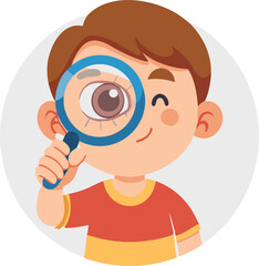 child holding a magnifying glass to his eye vector art, icon