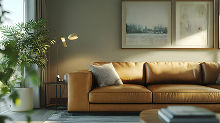 Modern Living Room with Brown Leather Sofa and Green Plant Illustration