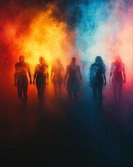 Mysterious Figures Emerging from Colorful Smoke