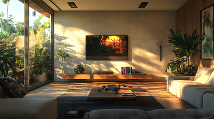 Modern Living Room Interior Design with Sunset View 3D Illustration