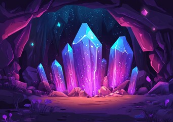 Glowing Crystals in a Dark Cave Illustration. AI generated illustration