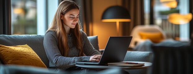 Young woman working on a laptop in a cozy living room setting during early evening hours