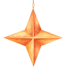 Hand painted watercolor illustration of a Christmas tree decoration in the form of a star. Traditional Christmas tree decoration painted with watercolors by hand.