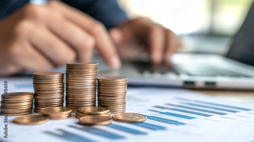 Poster a close-up of hands stacking coins on a financial report, with a calculator and a laptop in the back