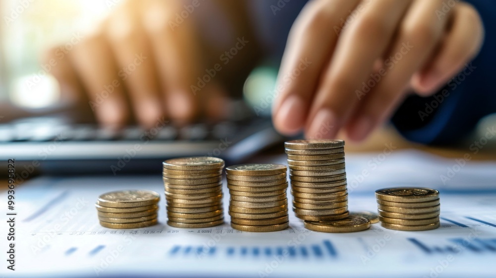 Poster a close-up of hands stacking coins on a financial report, with a calculator and a laptop in the back