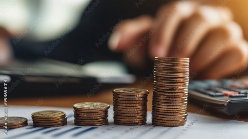 Poster a close-up of hands stacking coins on a financial report, with a calculator and a laptop in the back