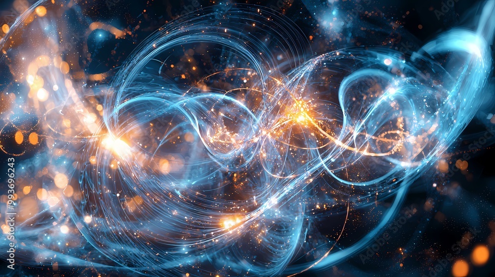 Poster the image contains a swirling, abstract digital artwork with streaks of blue and orange light and br