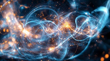 The image contains a swirling, abstract digital artwork with streaks of blue and orange light and bright round bokeh.  The dark background is covered in subtle scattered light.  The swirls and sparks