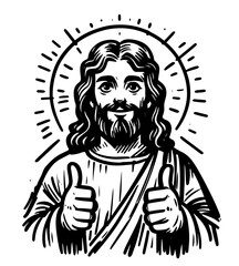 serene hand-drawn portrait of smiling jesus christ in black vector
