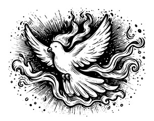 black and white vector  sacred dove illustration in line art 