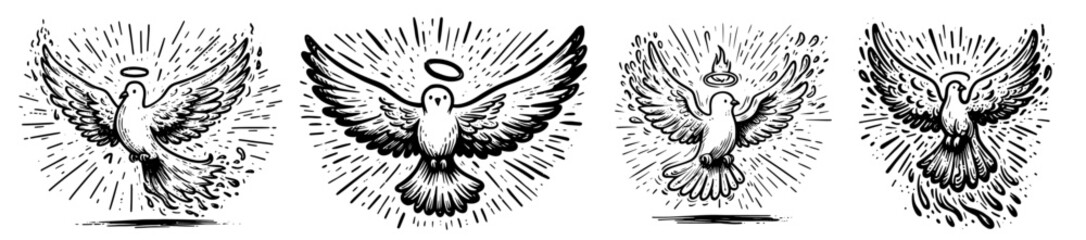 collection of holy doves designs in black and white vector line art