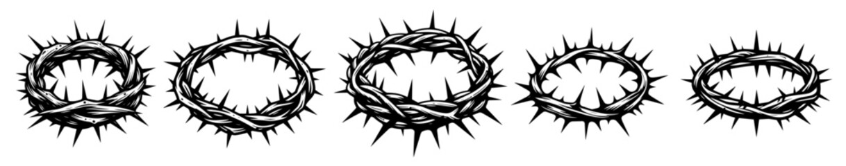 collection of thorn crowns in black and white vector line art