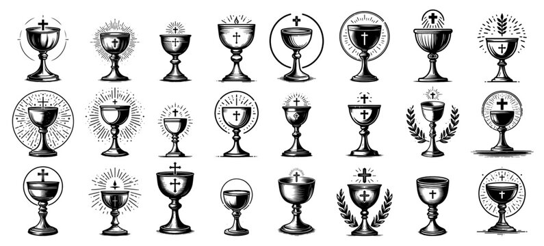 black and white vector collection of sacred chalices in artistic style