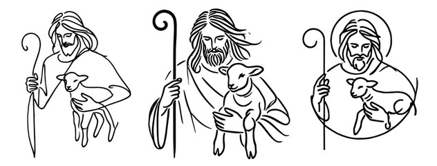 collection of jesus christ silhouettes in hand-drawn doodle style, black and white vector illustrations