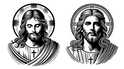 black and white vector set of jesus christ portraits in detailed line art