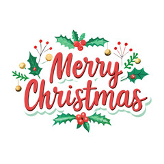 Traditional Merry Christmas vector, isolated design with holly, red berries, and festive elements, perfect for holiday greeting cards, festive posters, and winter decorations