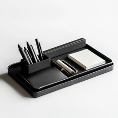 A sleek desk organizer with pens and notepads on a white background