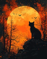 Mysterious Cat Silhouette Against Full Moon