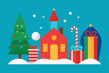 Christmas winter landscape with snow-covered house and tree, vector illustration for xmas holiday card