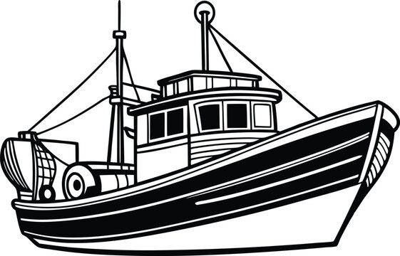 recommend clip art: Fishing boat line art silhouette vector illustration on white background.