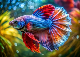 Fototapeta premium Vibrant Metallic Betta Fish Swimming Gracefully in Clear Water with Colorful Fins and Scales