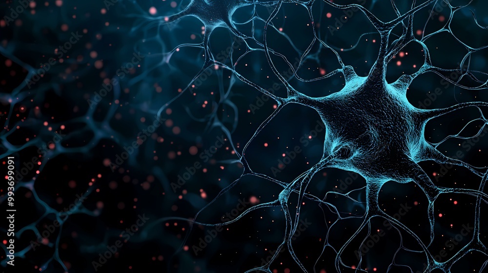Poster a close-up of a glowing blue neuron with red dots scattered in the background.