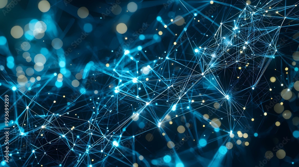 Poster an abstract image featuring a web of glowing blue lines connected by white dots, with a bokeh of out
