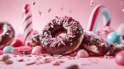 Macro Close-up of Half-Eaten Smashed Chocolate Donuts Surrounded by Vibrant Candy in Dreamy