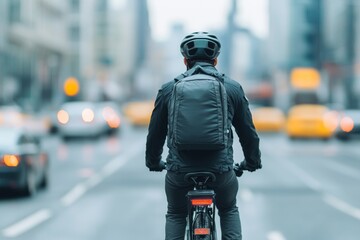 Fototapeta premium Cyclist navigating urban streets with blurred traffic in the background.
