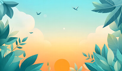 Tropical Leaves Frame with Sunset Background - Nature Design 