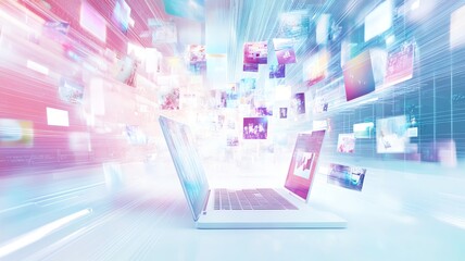Obraz premium An illustration of a laptop with a flow of information, apps and thumbnails coming from it, graphic resource