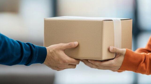 Two hands exchanging a cardboard package, soft focus background.