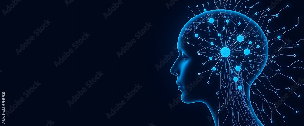 Poster artificial intelligence and clusters of neural networks connecting to a human head on a dark blue ba