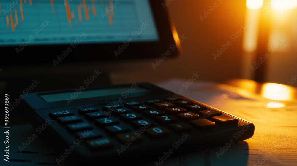 Poster calculator lying on desk with stock market charts on monitor showing in background