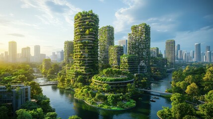 Obraz premium A futuristic eco-city concept illustrated in 3D, with tall, modern structures covered in greenery, water features powered by renewable energy, and a mix of autonomous electric vehicles and bicycles.