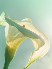 Extreme closeup view, backlight shot, A piece of clear and translucent Calla lily, Morandi color scheme, low saturation, Light blue and light green, white; soft light