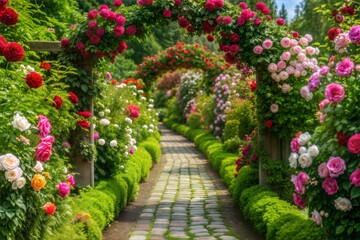 Picturesque pathway with colorful rose bushes in bloom