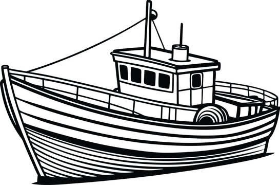 recommend clip art: Fishing boat line art silhouette vector illustration on white background.